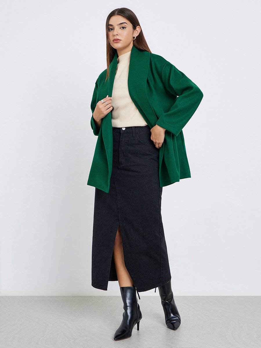 Dark Green Wool Like Belted Wrap Coat