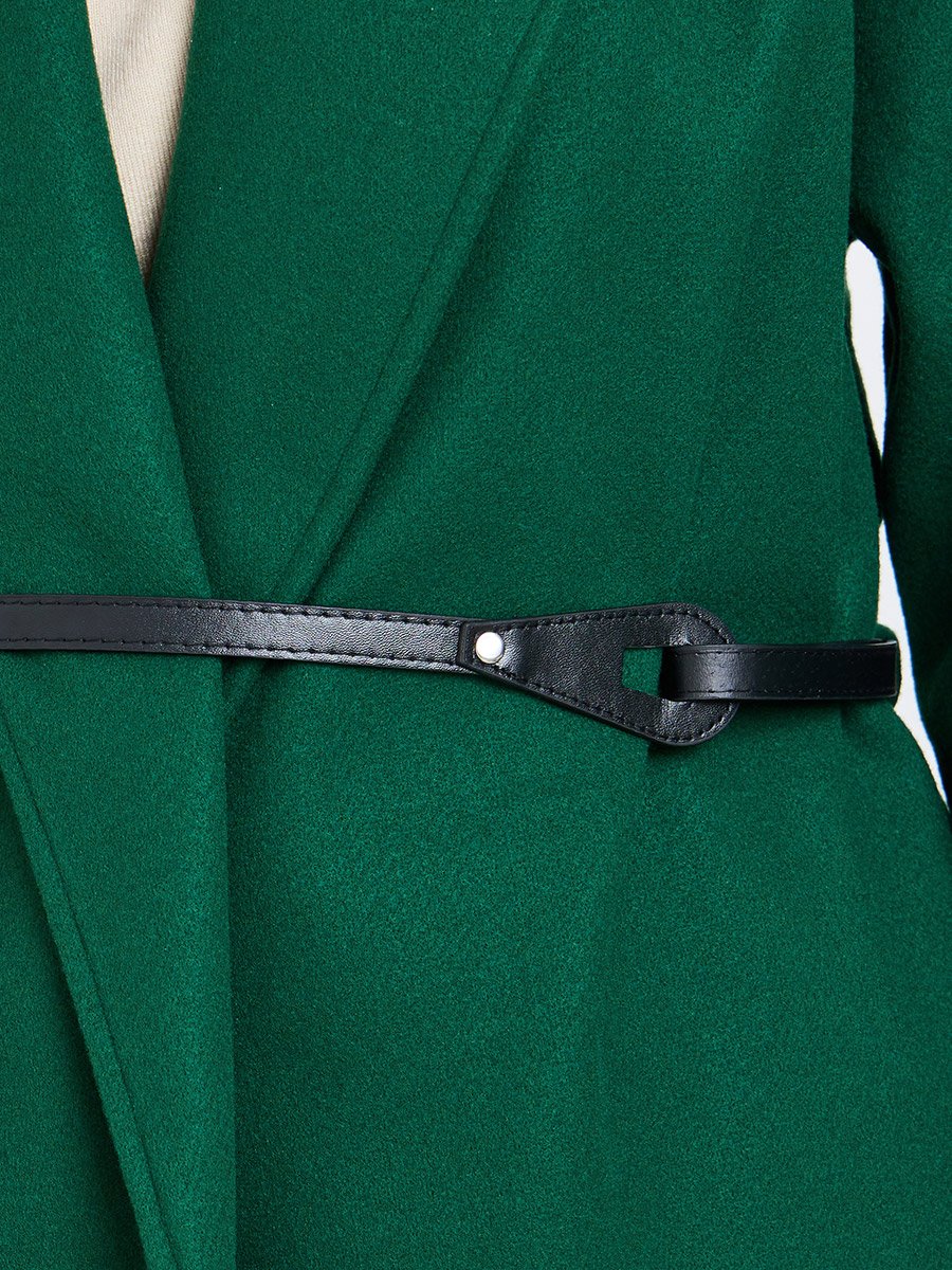 Dark Green Wool Like Belted Wrap Coat