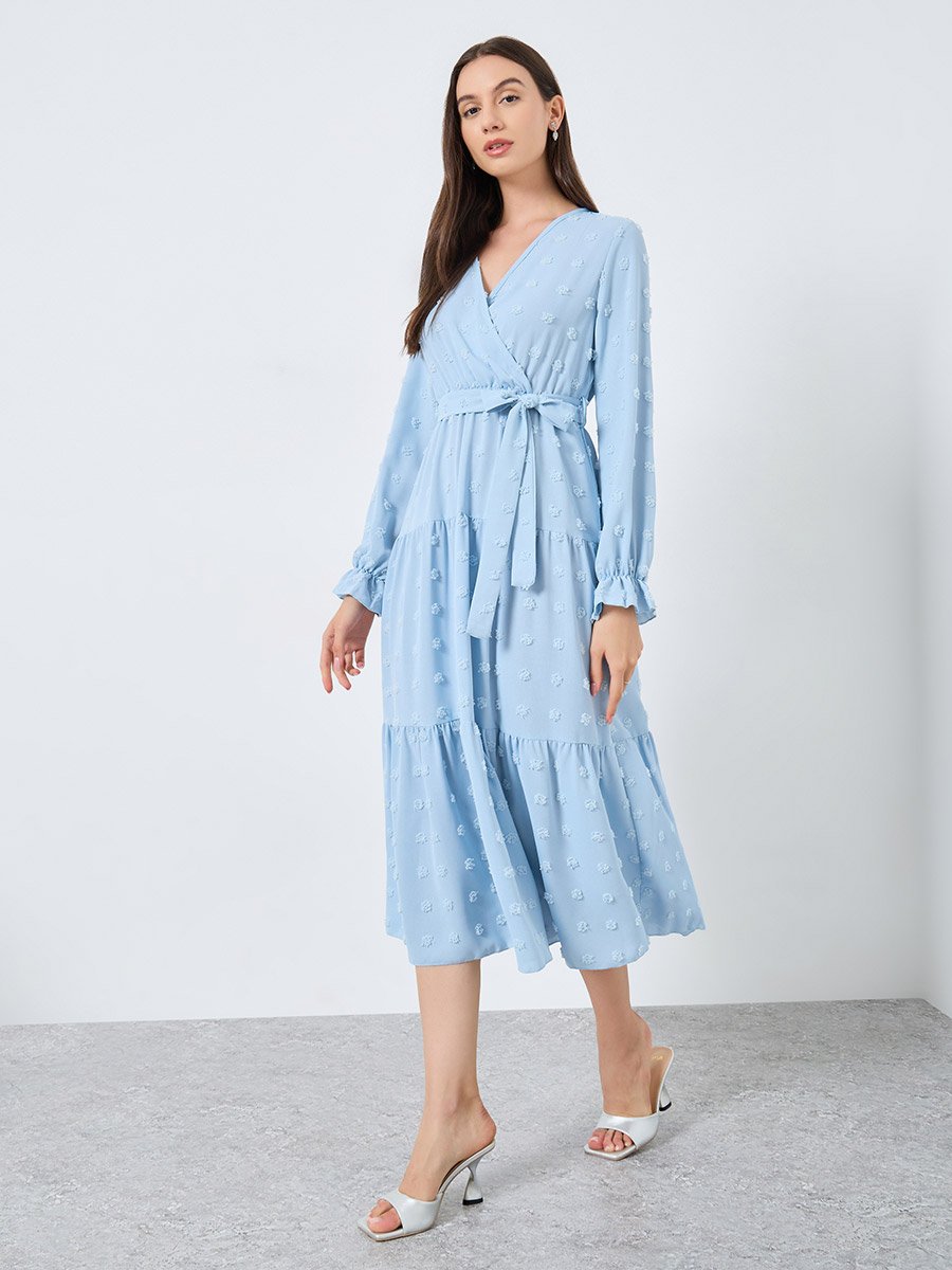 Blue Swiss Dots Detail Midi Dress