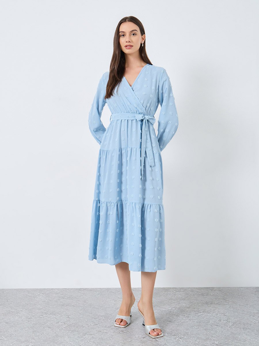 Blue Swiss Dots Detail Midi Dress