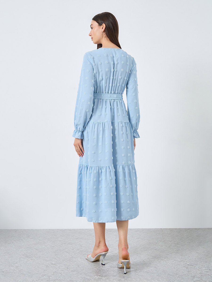 Blue Swiss Dots Detail Midi Dress