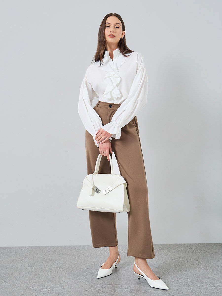 Front Ruffle Detail Long Sleeve Shirts