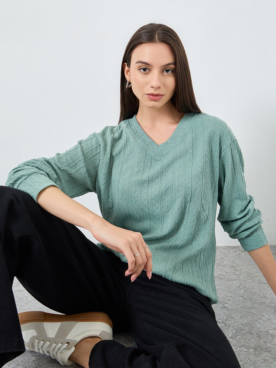 Teal Textured Long Sleeves Top