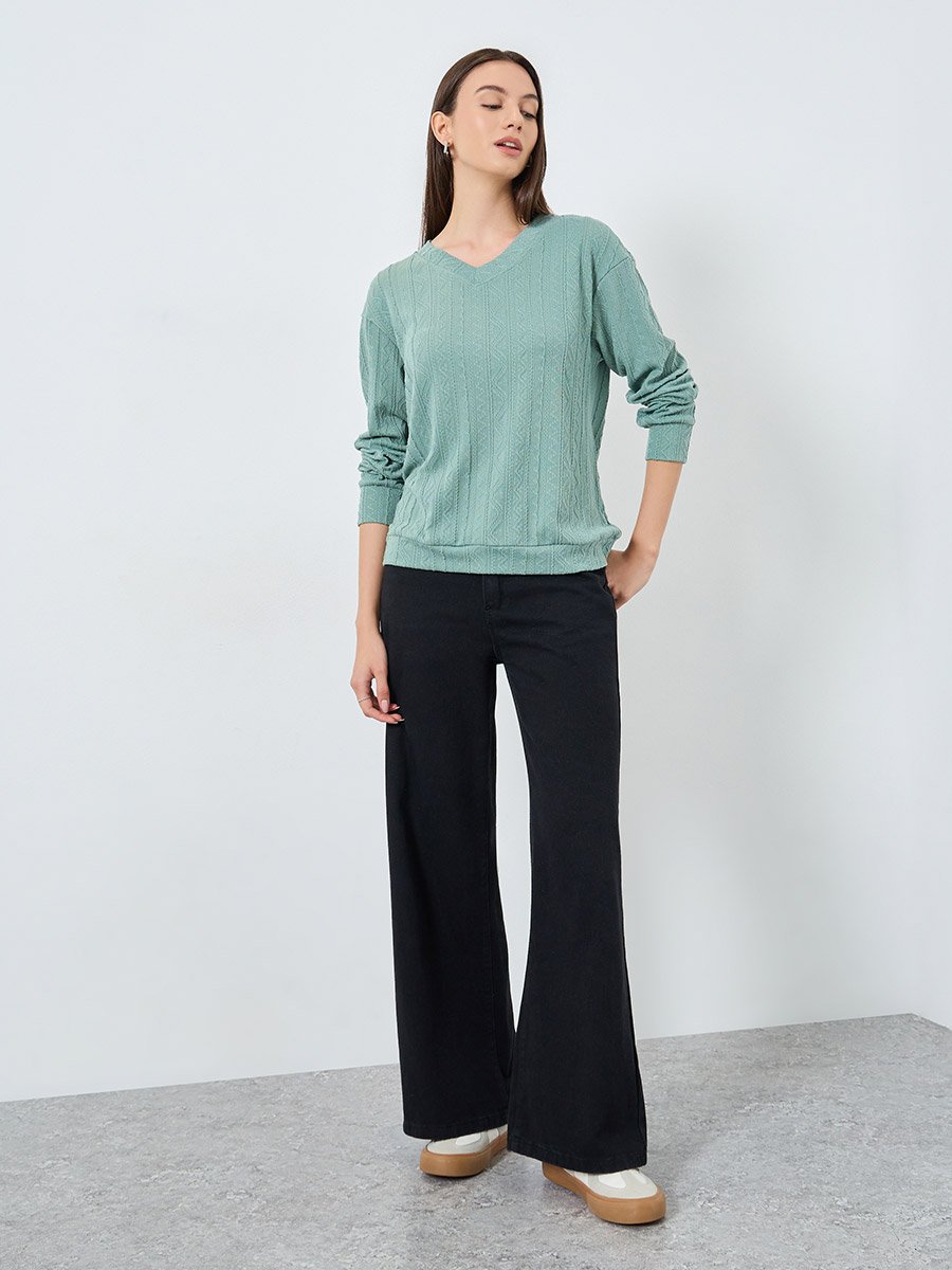 Teal Textured Long Sleeves Top
