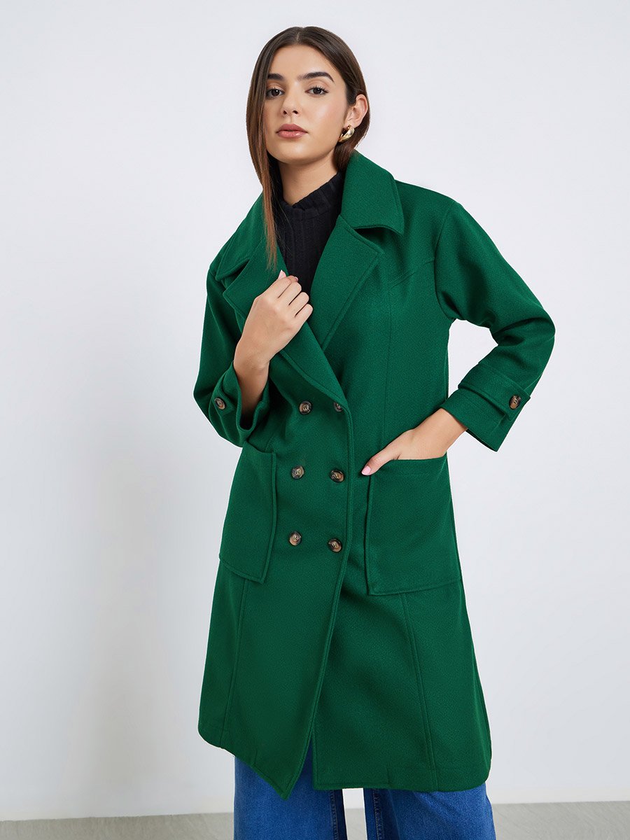 Dark Green Double Breasted Wool Like Coat with Pocket Detail