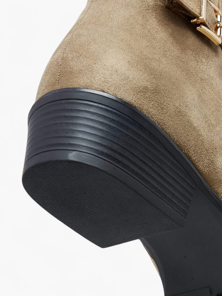 Women Buckle Accent Block Heeled Ankle Boots with Zip Closure