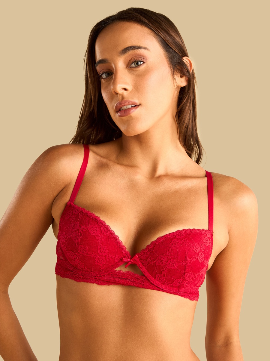 Red Floral Lace Demi Bra
