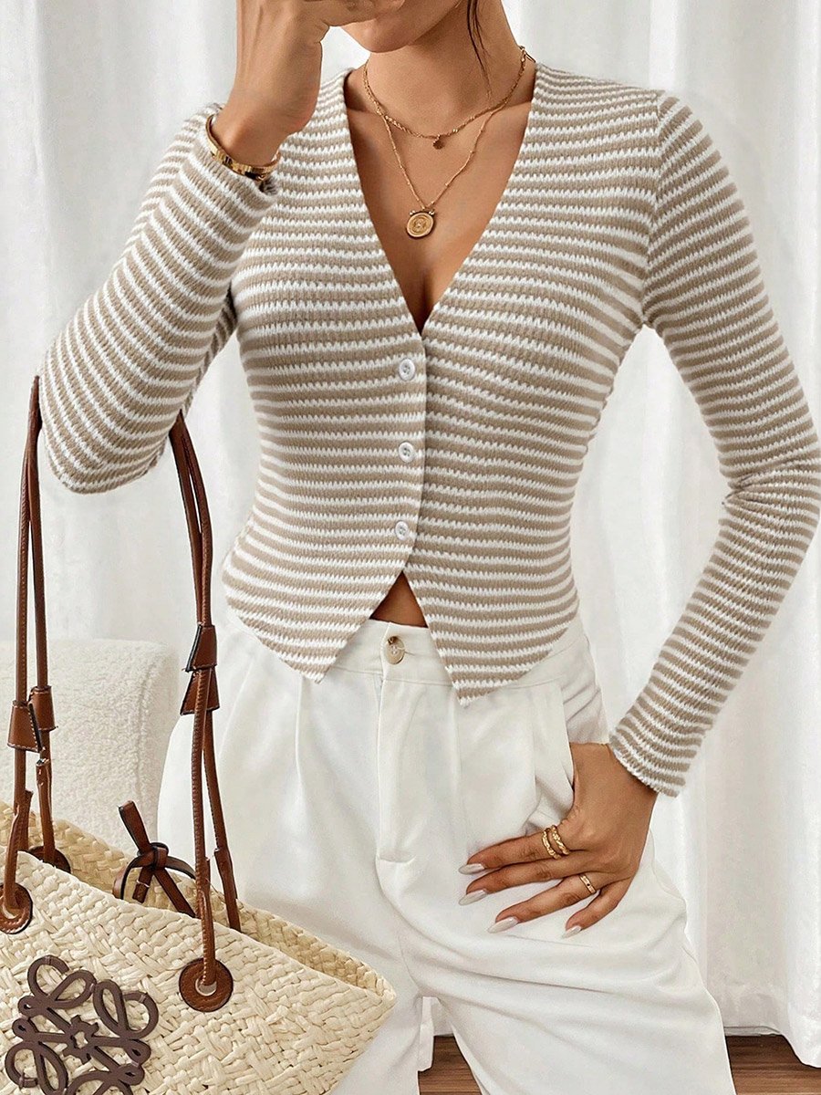 Women Striped Button-Up Cardigan Top