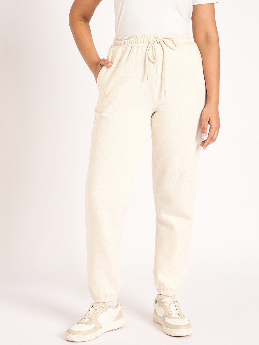 Women Off White Melange Fleece Joggers