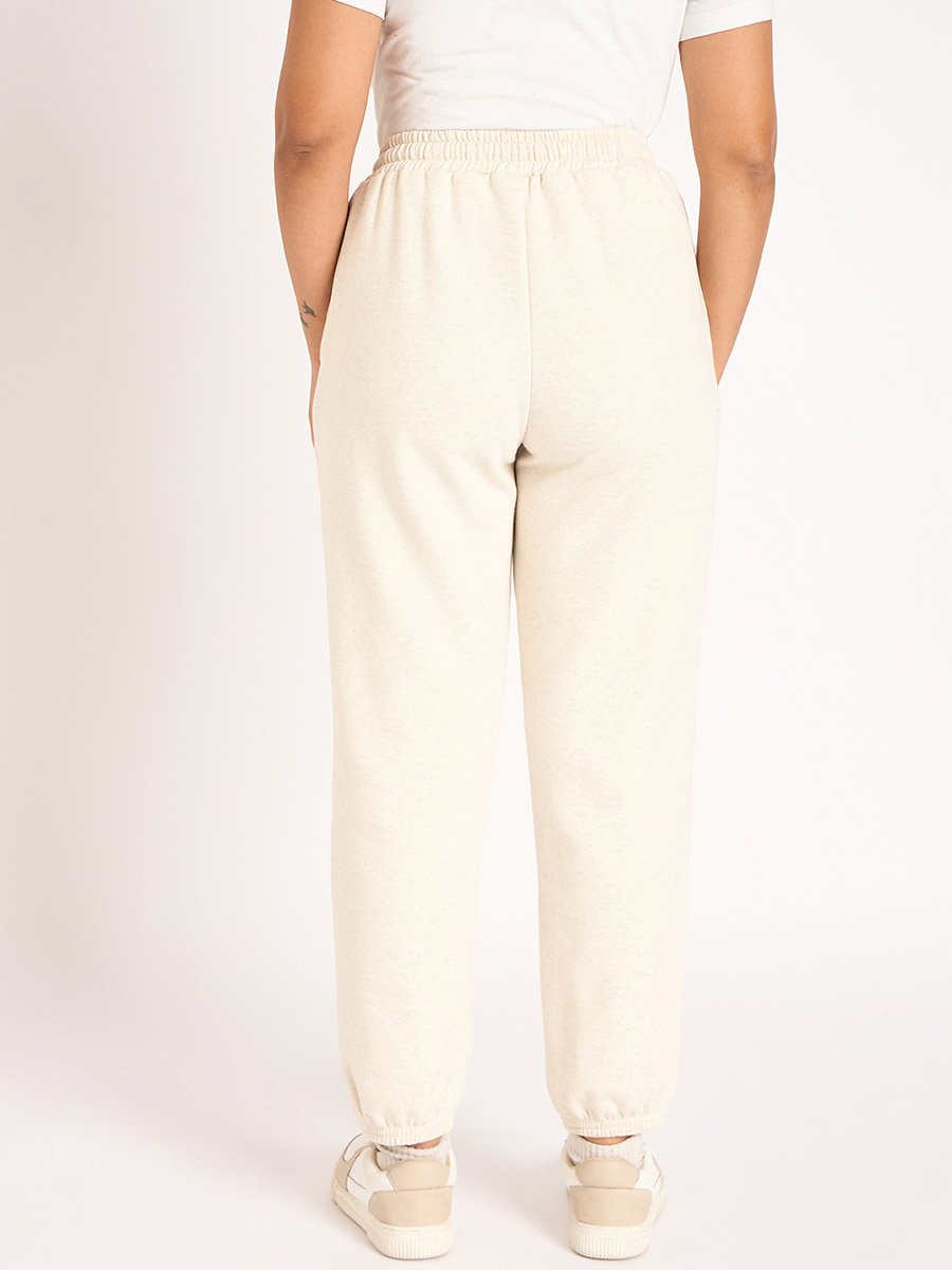 Women Off White Melange Fleece Joggers