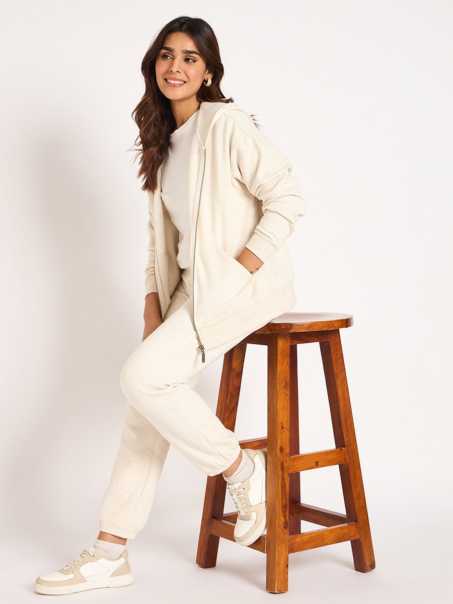 Women Off White Melange Fleece Joggers