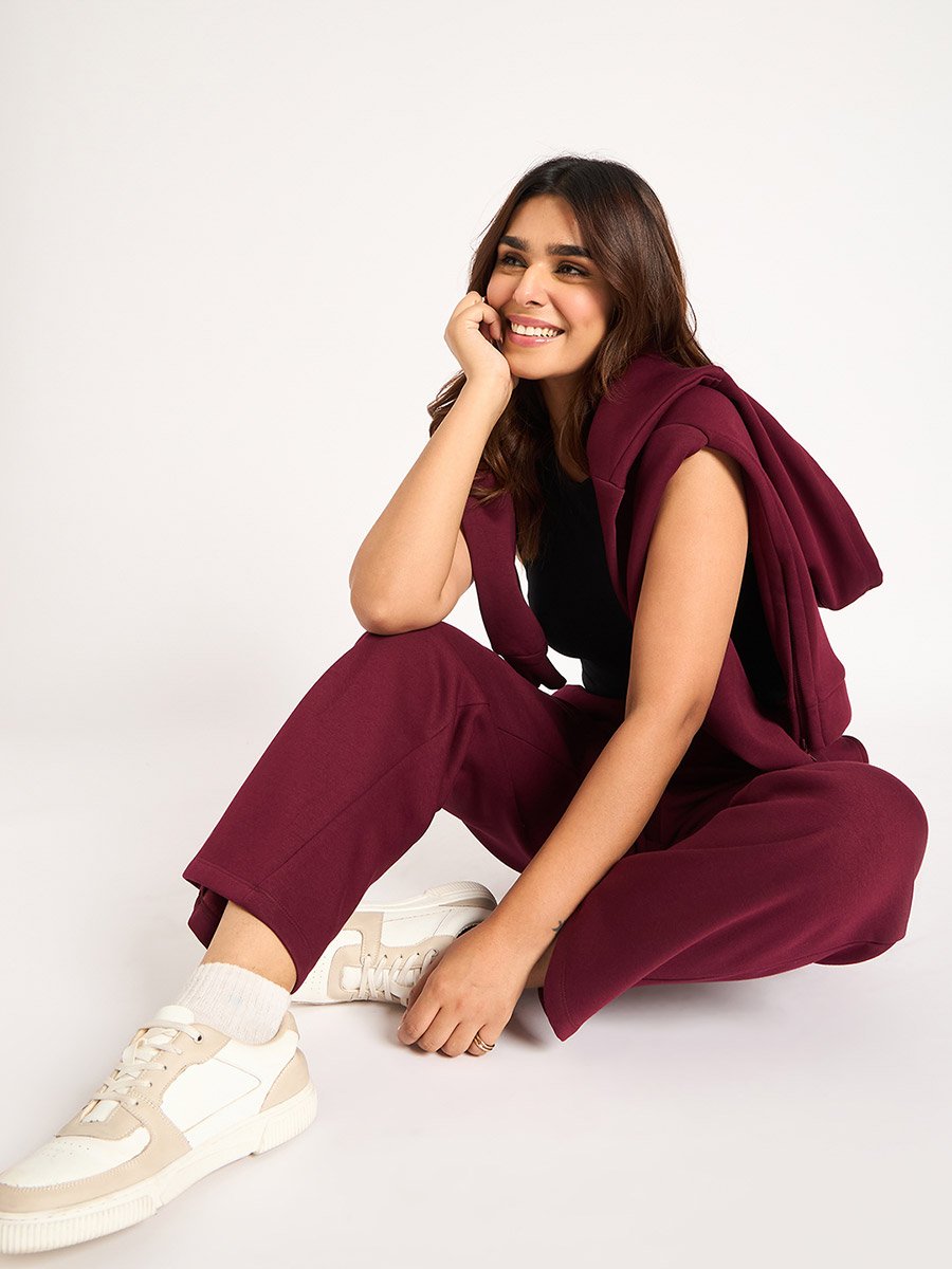 Burgundy Straight Fit Fleece Trackpants