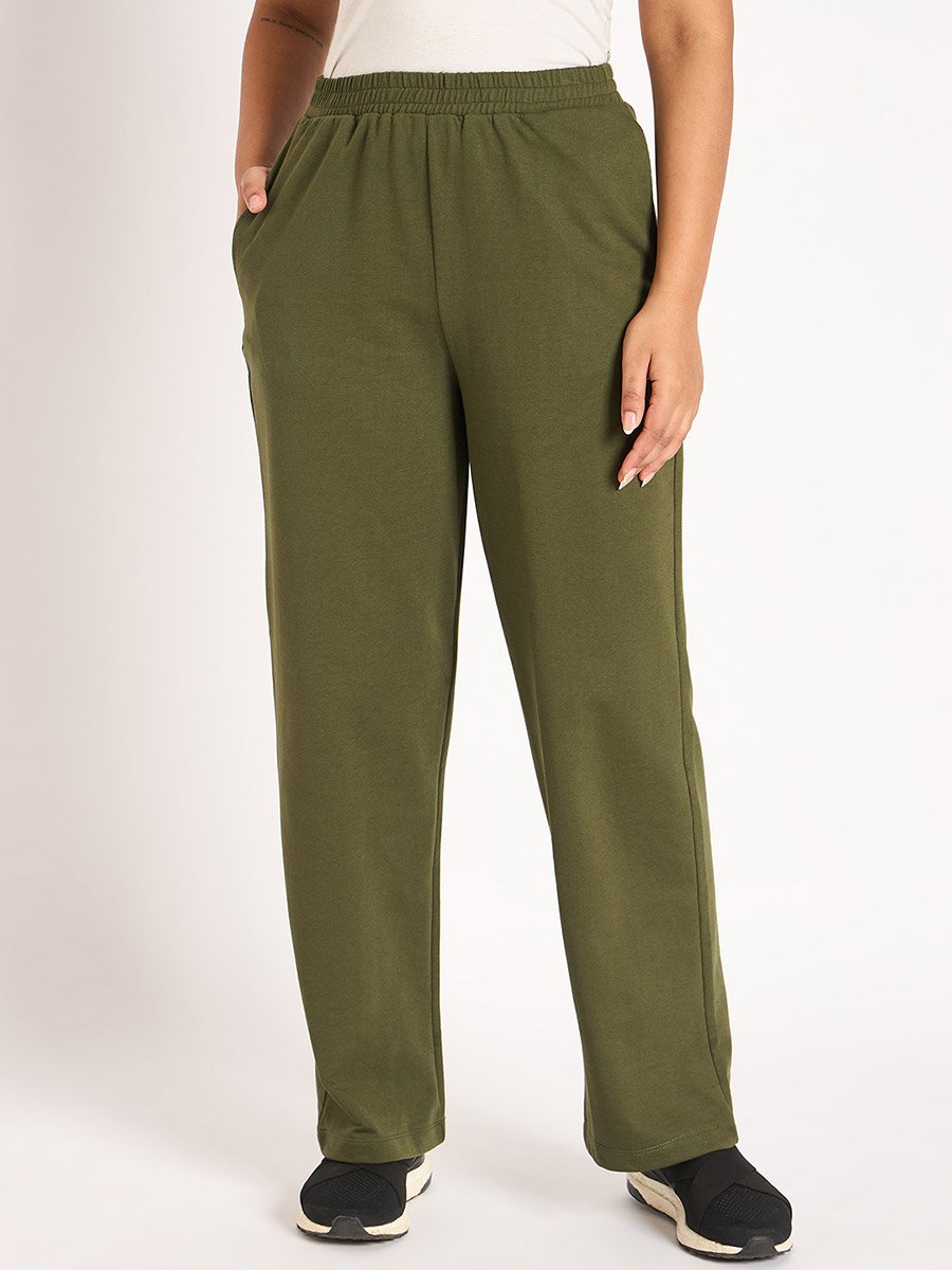 Olive Straight Fit Terry Trackpants