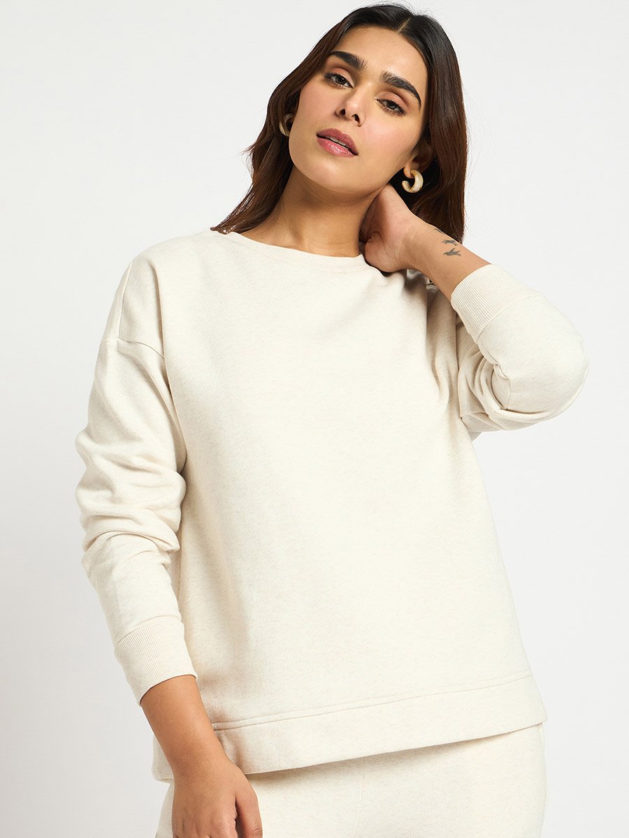 Cream Melange Crew Neck Fleece Sweatshirt