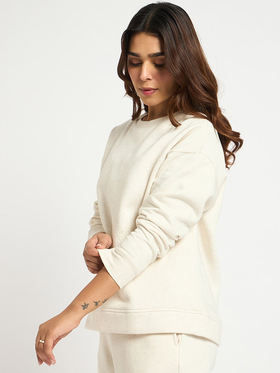 Cream Melange Crew Neck Fleece Sweatshirt
