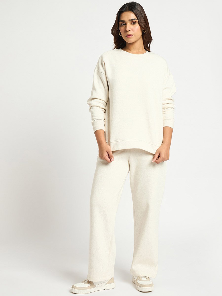 Cream Melange Crew Neck Fleece Sweatshirt