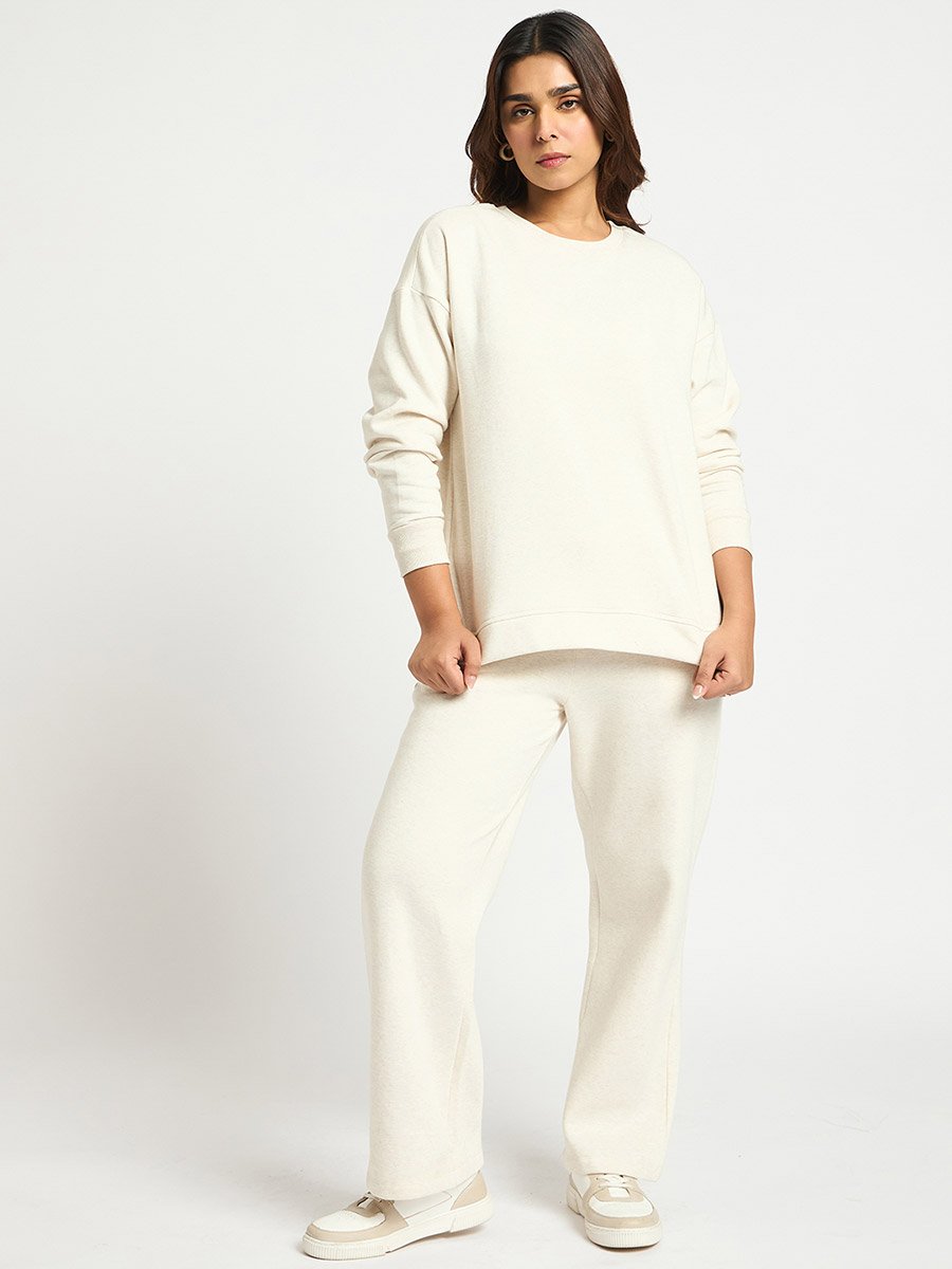 Cream Melange Crew Neck Fleece Sweatshirt
