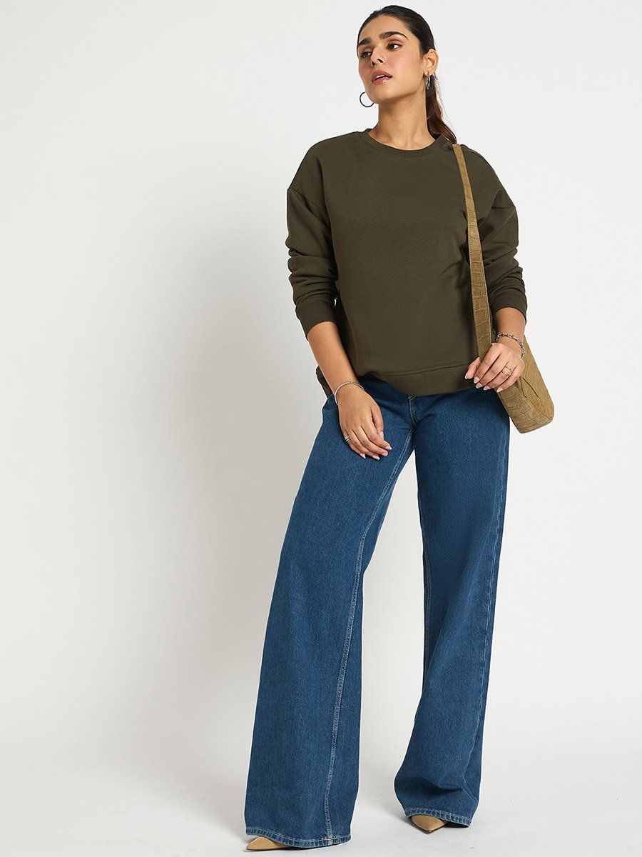 Olive Crew Neck Regular Fit Sweatshirt