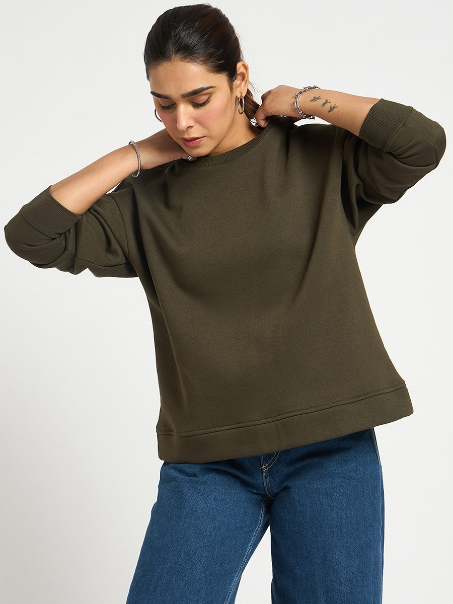 Olive Crew Neck Regular Fit Sweatshirt