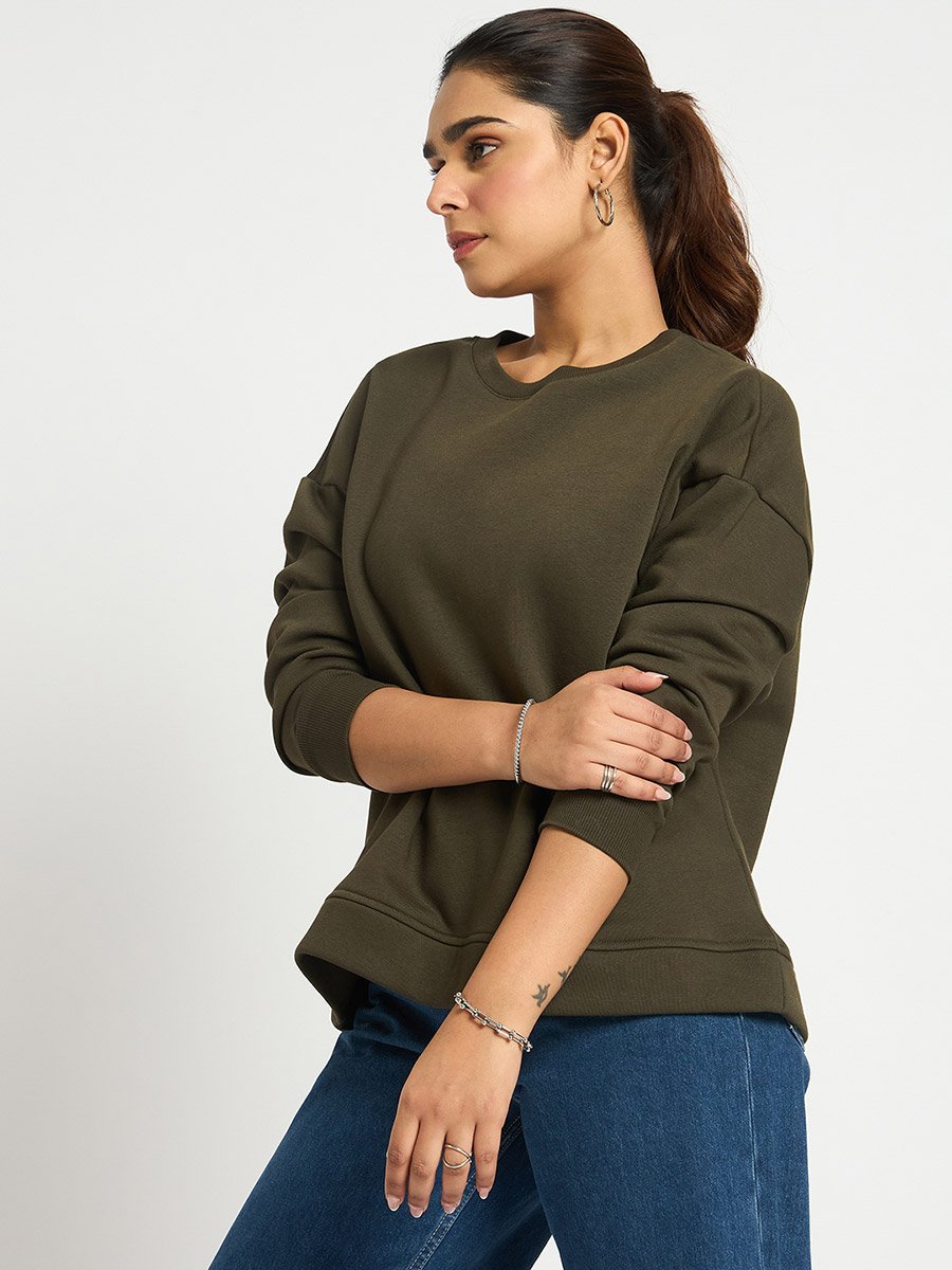 Olive Crew Neck Regular Fit Sweatshirt