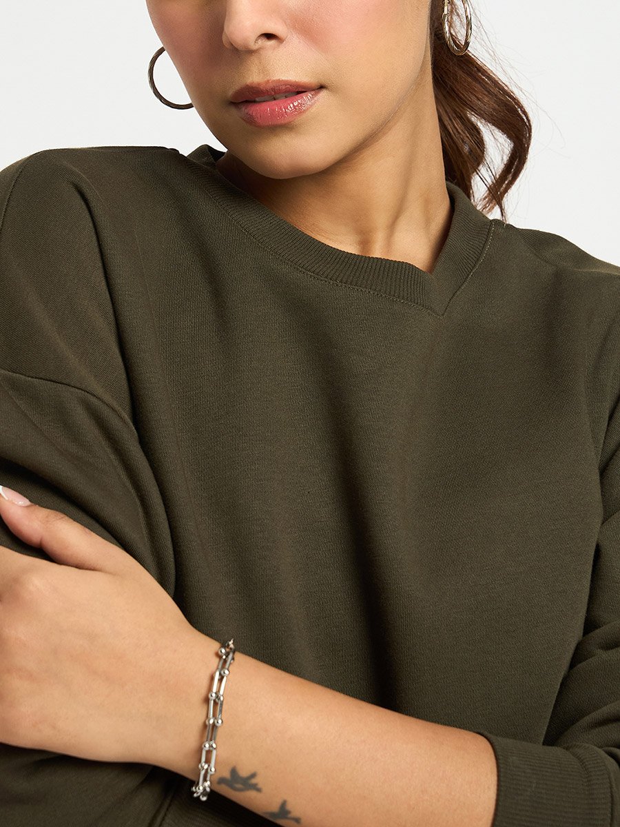 Olive Crew Neck Regular Fit Sweatshirt