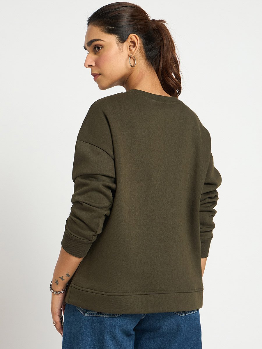 Olive Crew Neck Regular Fit Sweatshirt