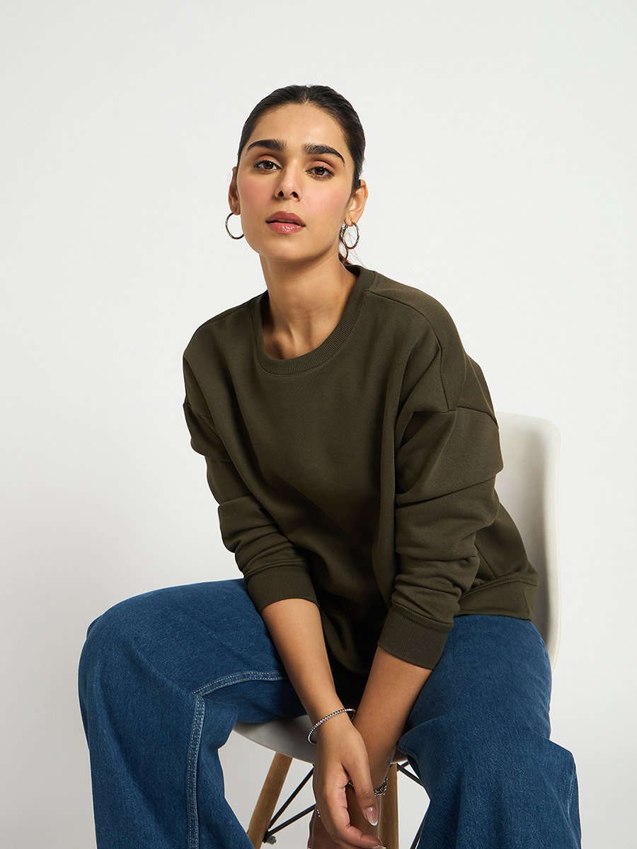 Olive Crew Neck Regular Fit Sweatshirt