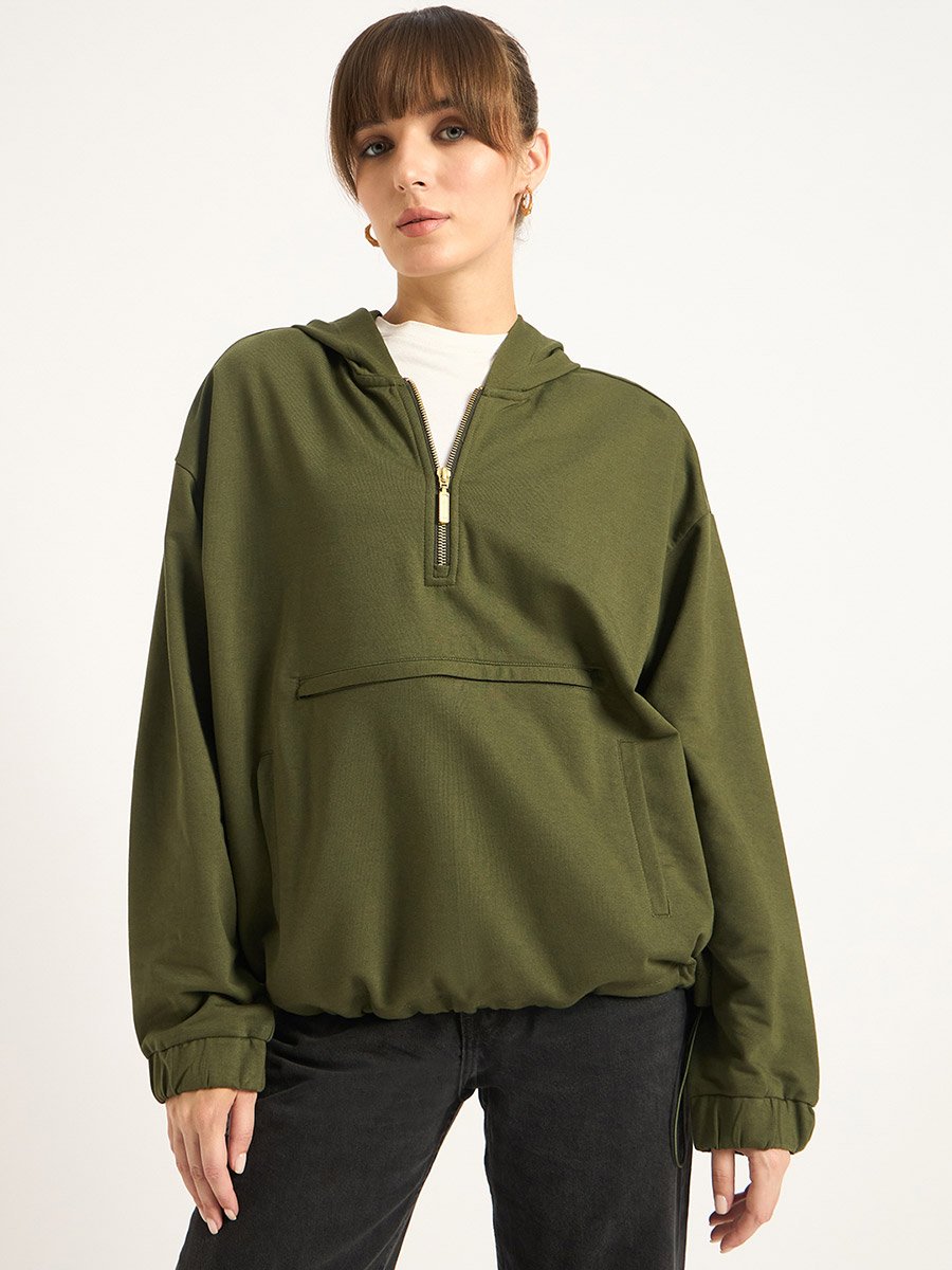 Olive Half Zip Up Terry Hoodie