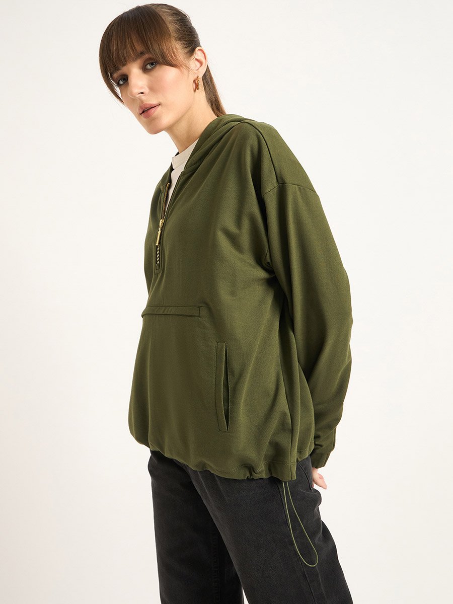 Olive Half Zip Up Terry Hoodie