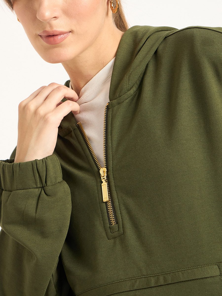 Olive Half Zip Up Terry Hoodie