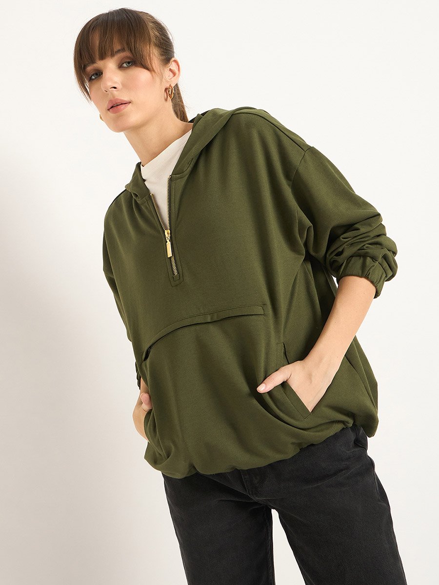 Olive Half Zip Up Terry Hoodie