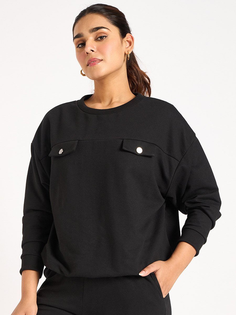 Black Flap Detail Terry Sweatshirt