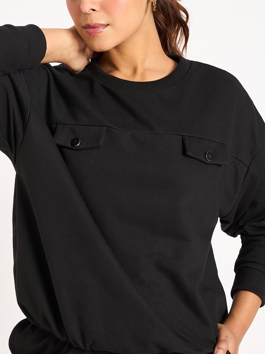 Black Flap Detail Terry Sweatshirt