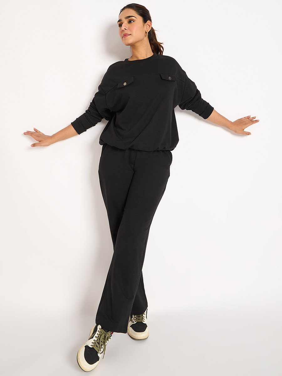 Black Flap Detail Terry Sweatshirt