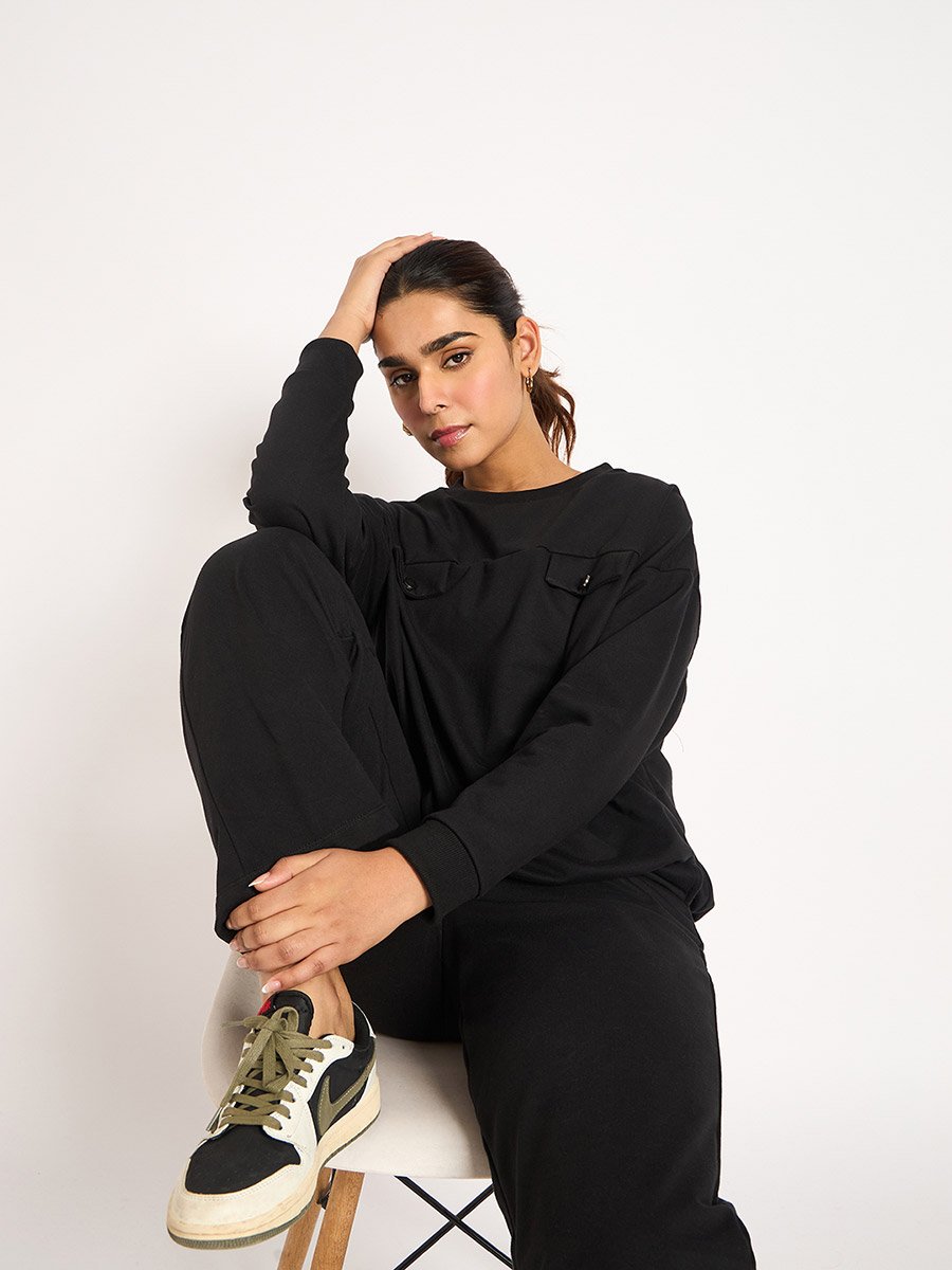 Black Flap Detail Terry Sweatshirt