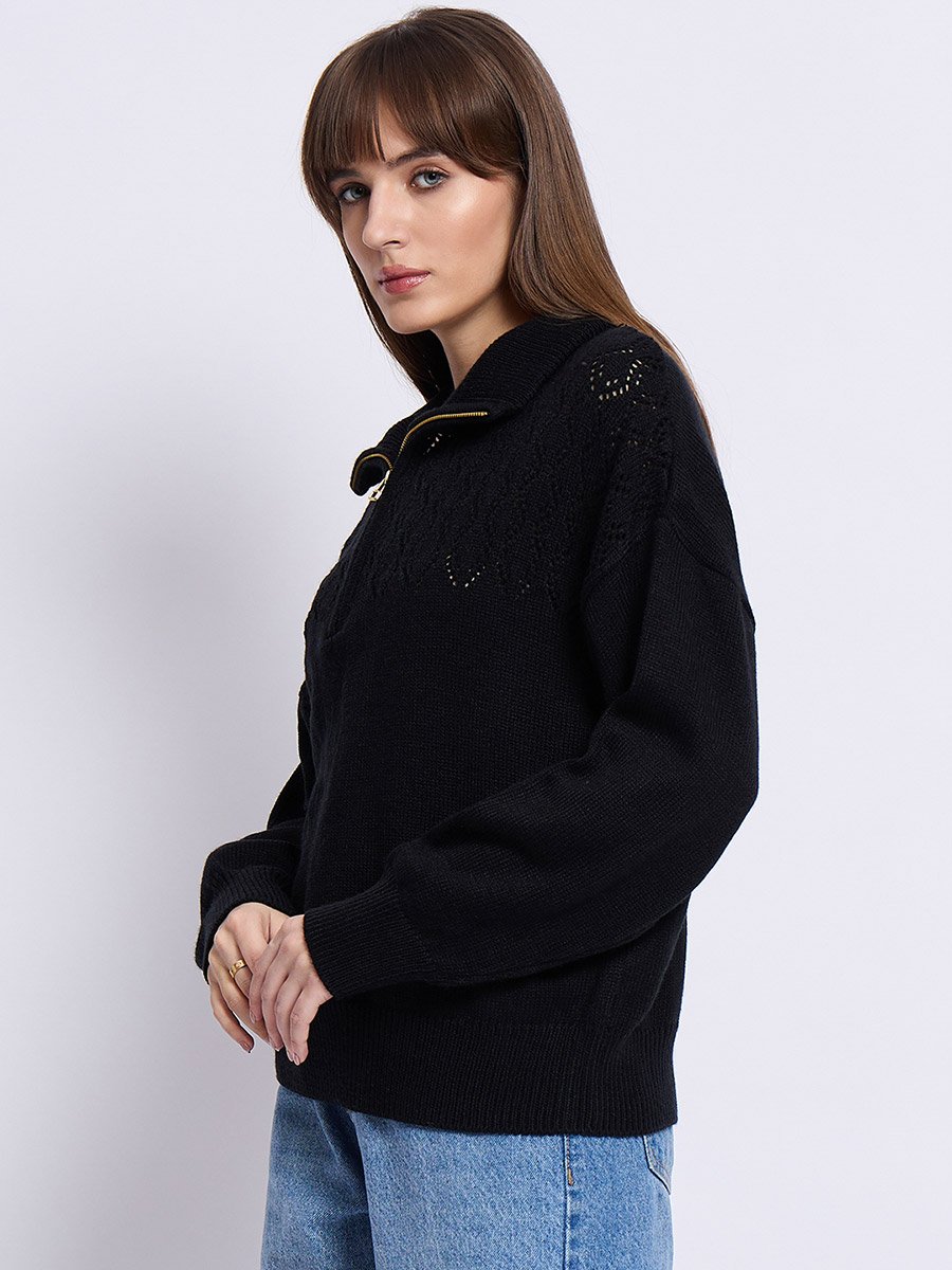Black High Neck Half Zipper Sweater
