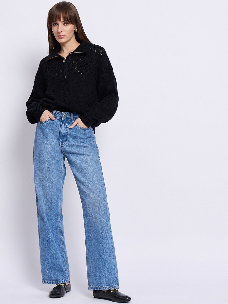 Black High Neck Half Zipper Sweater