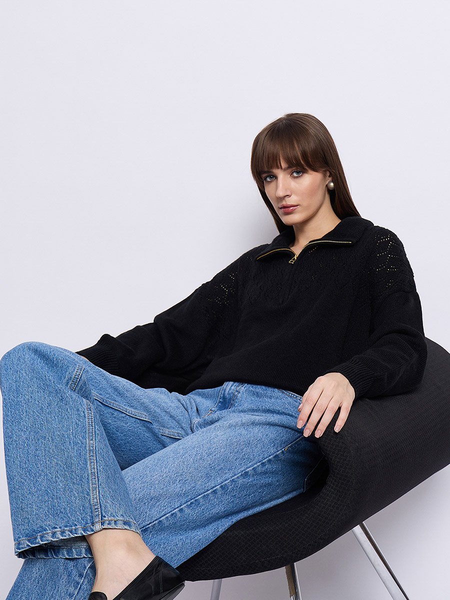 Black High Neck Half Zipper Sweater