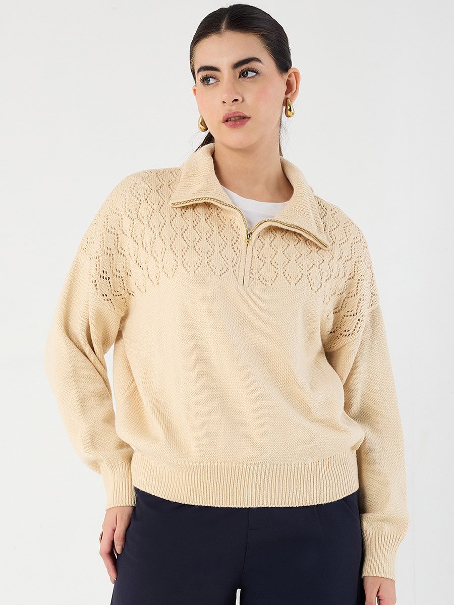 Beige Collared Half Pulle Sweater