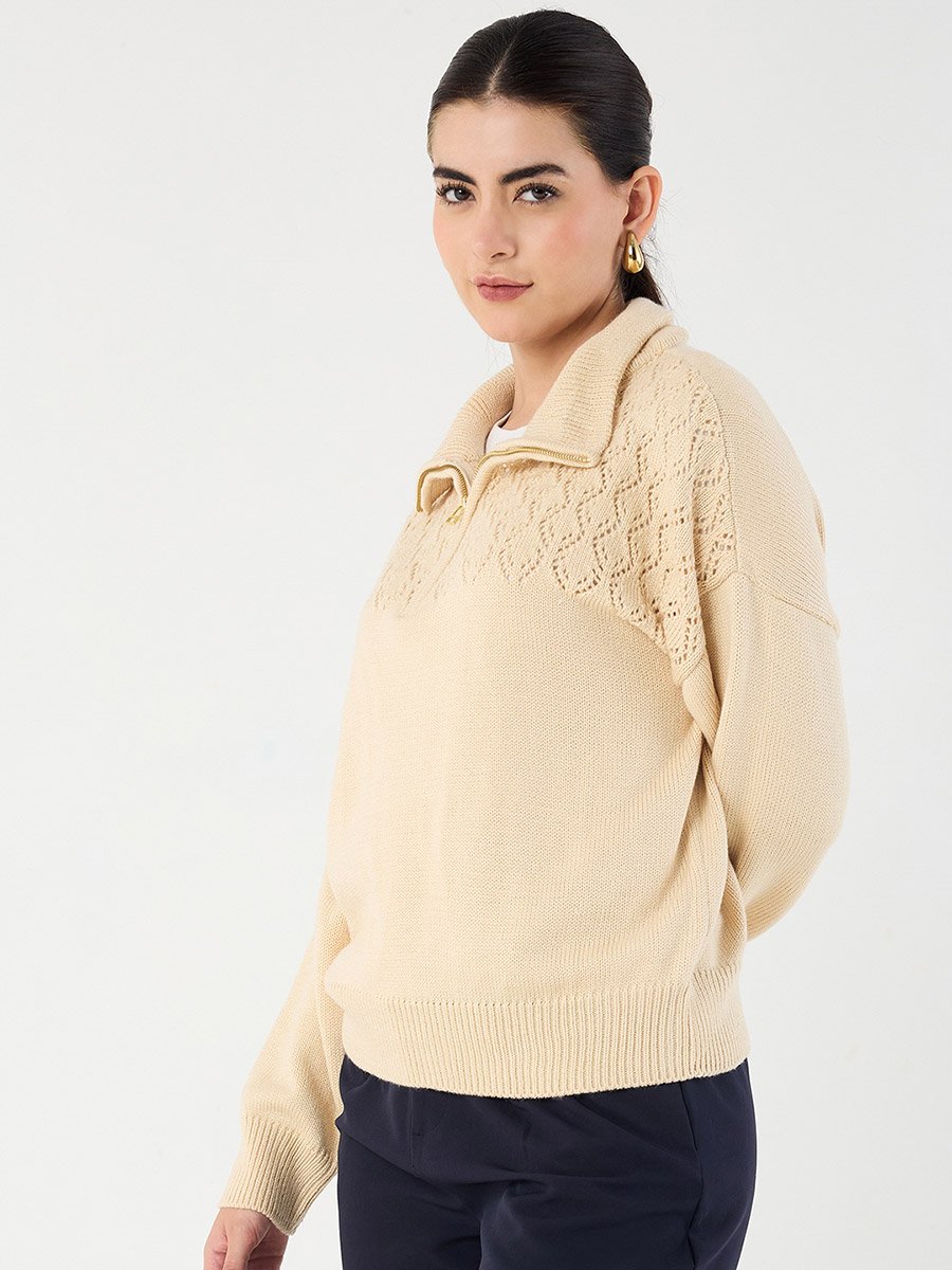 Beige Collared Half Pulle Sweater