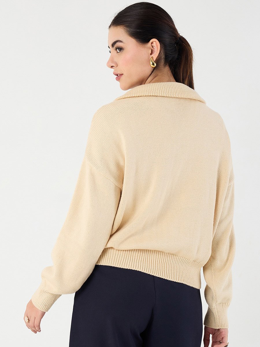 Beige Collared Half Pulle Sweater