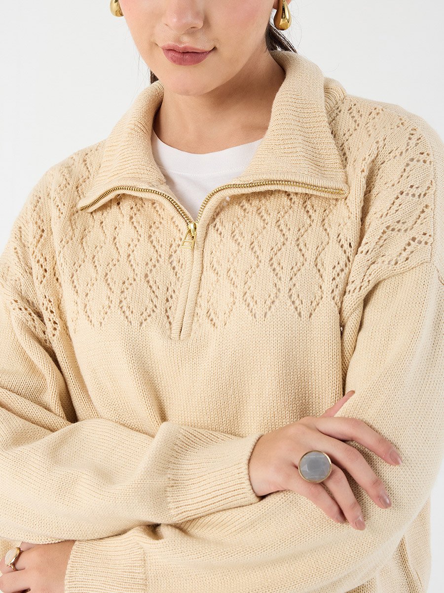 Beige Collared Half Pulle Sweater