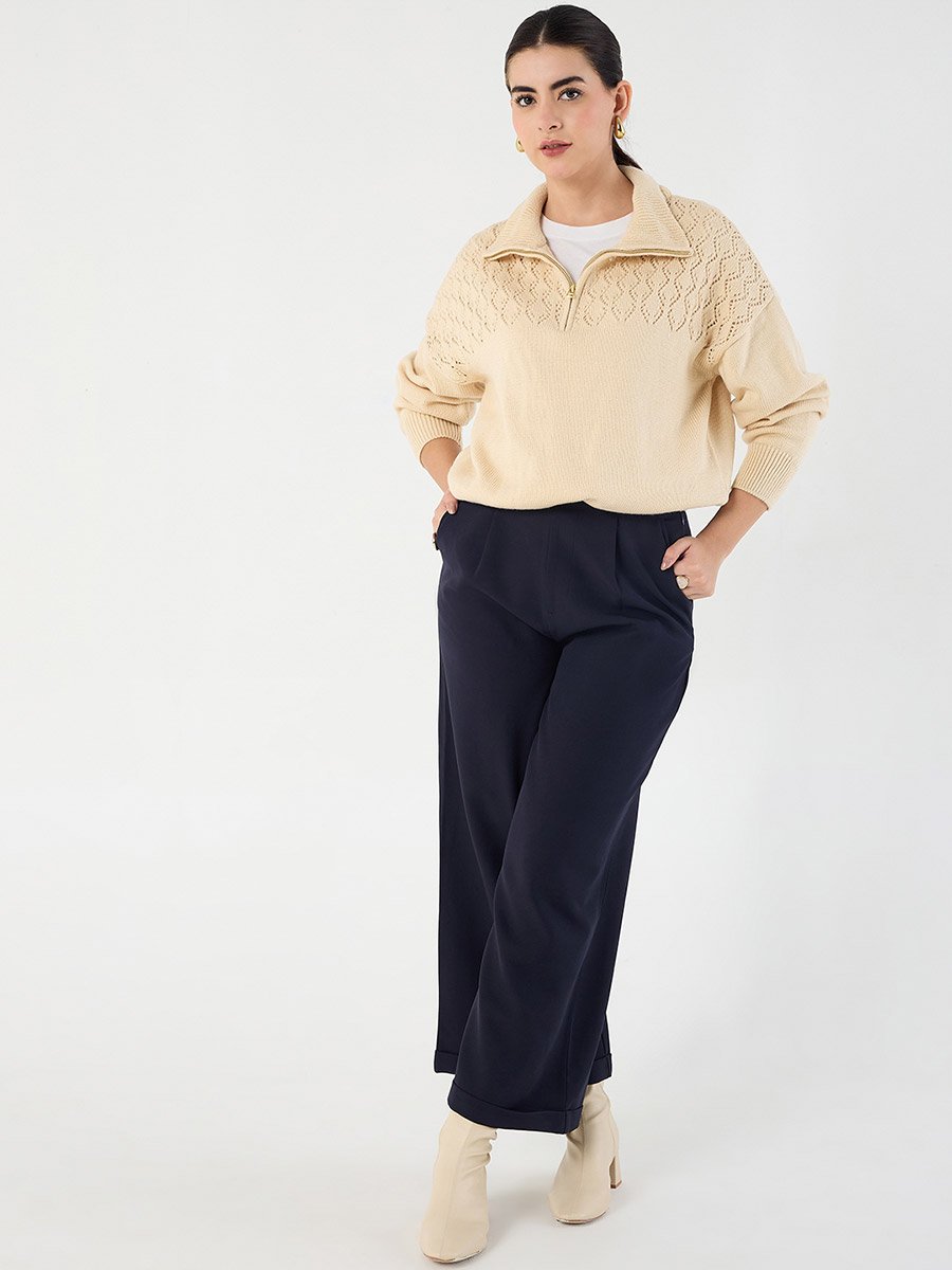 Beige Collared Half Pulle Sweater