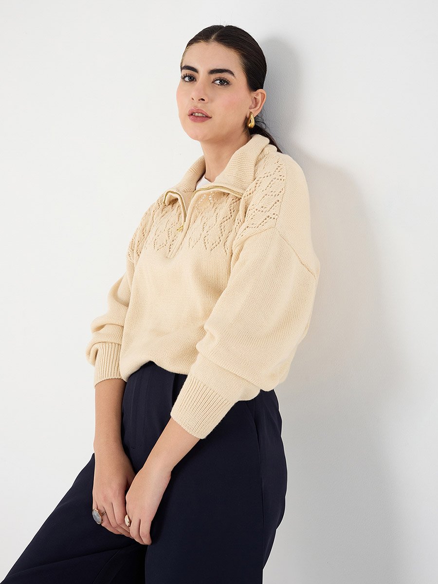 Beige Collared Half Pulle Sweater