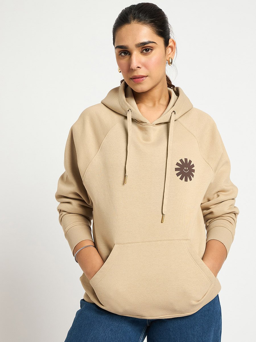 Beige Oversized Raglan Sleeve Graphic Hoodie