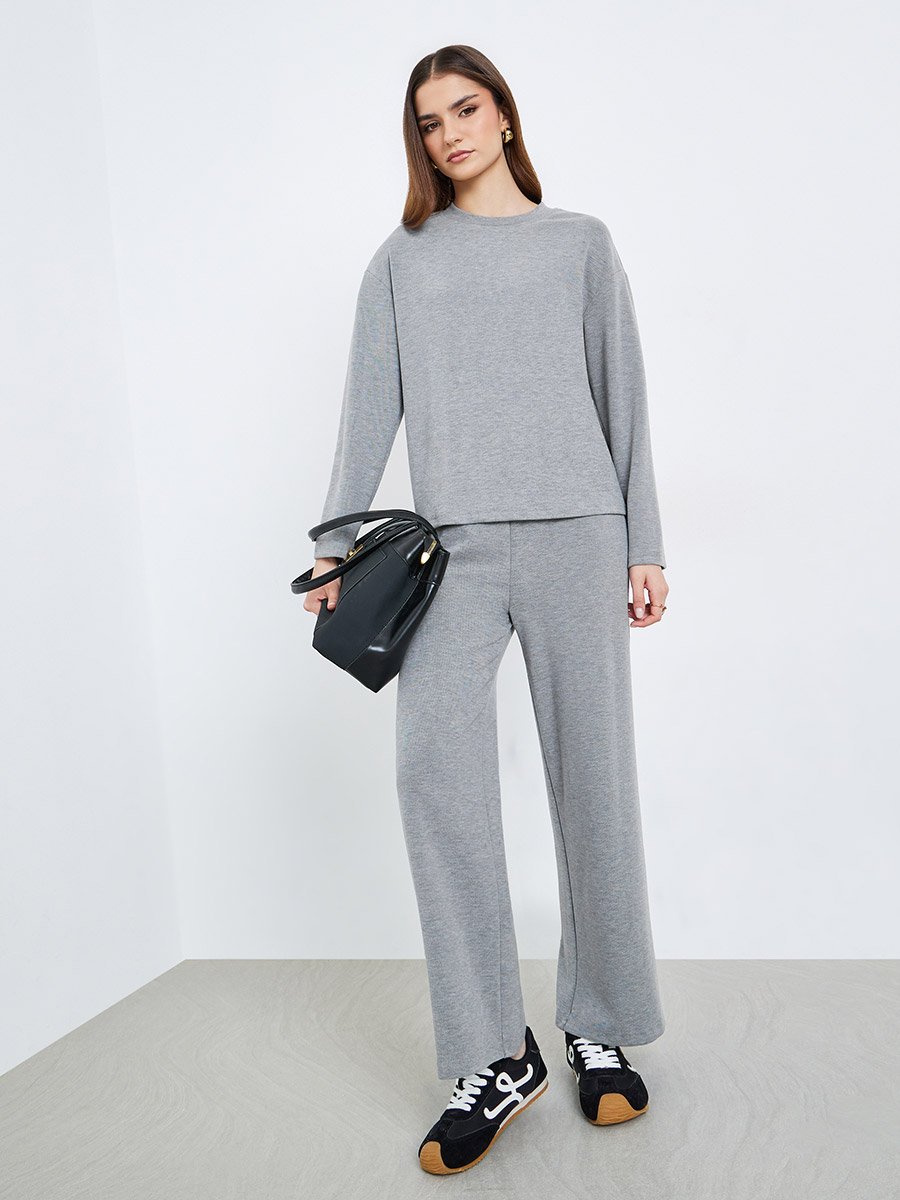 Women Grey Knit Top and Pants Co-Ords