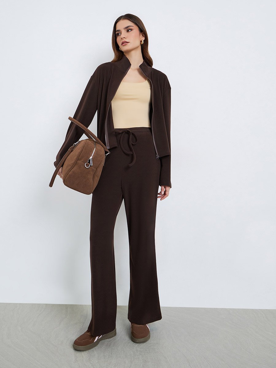 Women Brown Zip-Up Knit Jacket and Pants Co-Ords