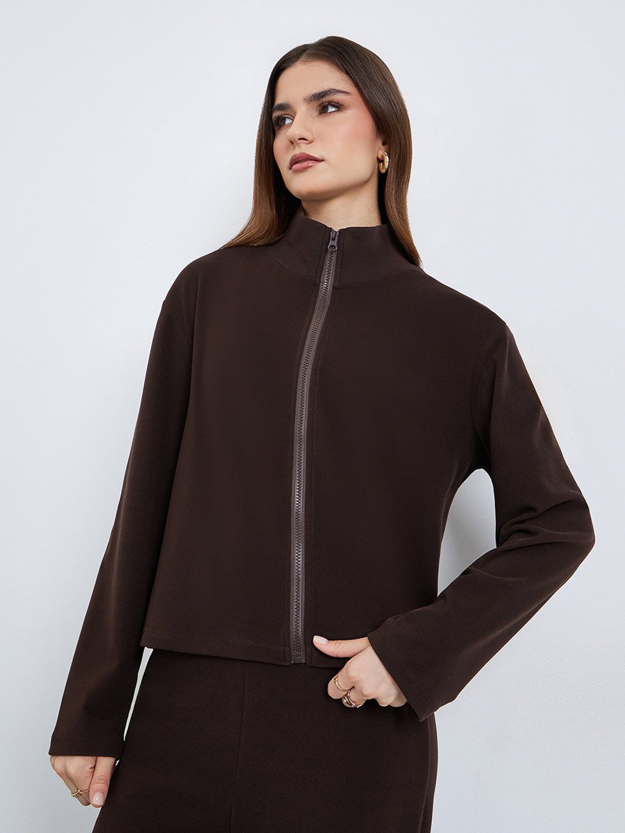 Women Brown Zip-Up Knit Jacket and Pants Co-Ords