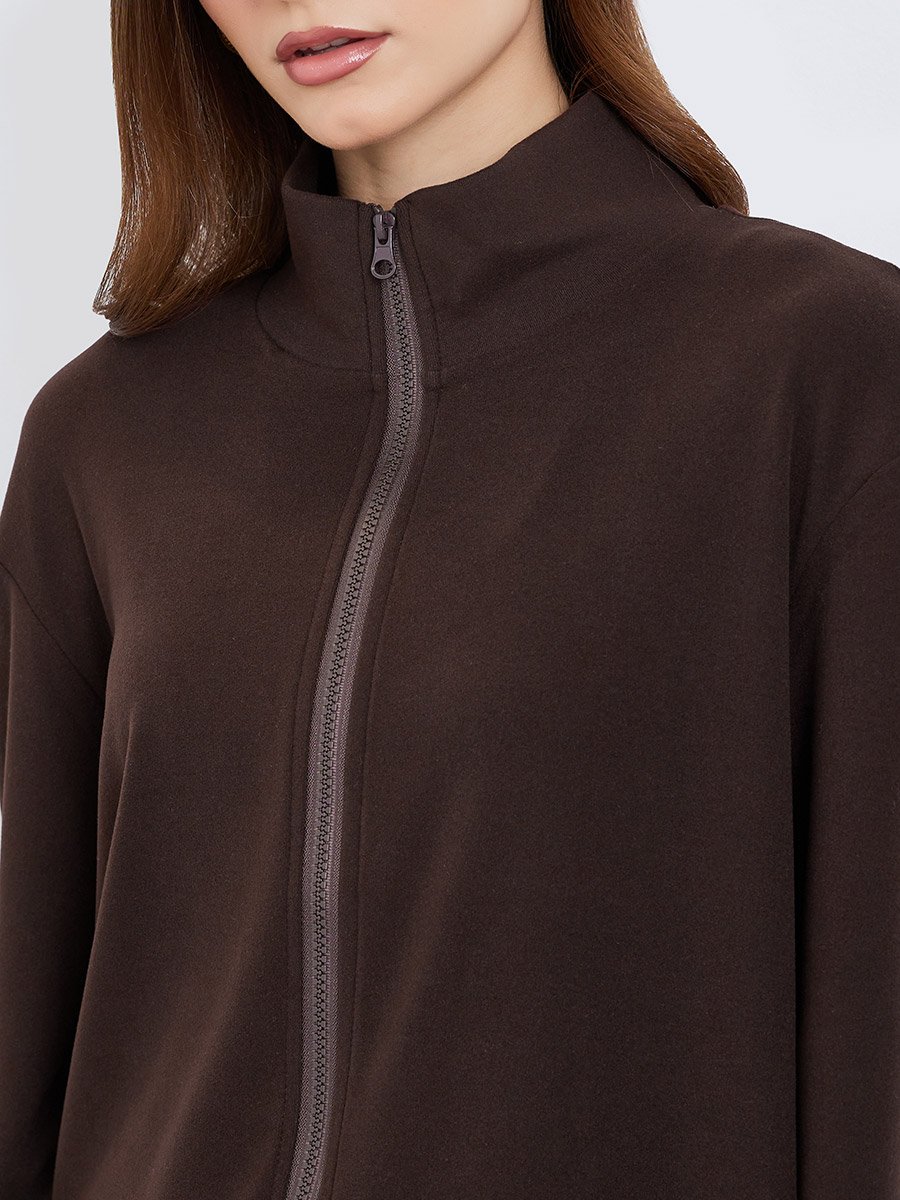 Women Brown Zip-Up Knit Jacket and Pants Co-Ords