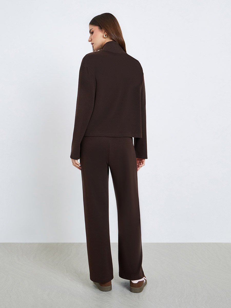 Women Brown Zip-Up Knit Jacket and Pants Co-Ords